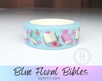 Cinta washi con diseño de la Biblia con flores azules: cinta para planificadores cristianos (15 mm x 10 m)