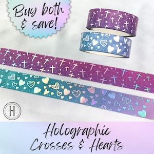 Cruces y corazones holográficos, cinta washi cristiana, cinta decorativa espiritual y religiosa, diario, planificador, suministros para álbumes de recortes, 15 mm x 10 m