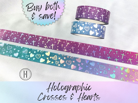 Holographic Crosses & Hearts Washi Tape: Christian Planner Scrapbook Tape (15mmx10m)