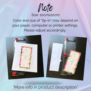 May include: Two images showing a paper cutter with a white sheet of paper and a colorful printable design with crosses and hearts. The text on the image reads "Note Size: 10cmx20cm Color and size of "tip-in" may depend on your paper, computer or printer settings. Please adjust accordingly. *More info in product description"