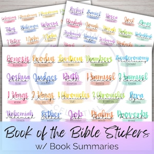 May include: Sheets of stickers featuring the books of the Bible, each with a colorful watercolor-style background. The stickers have the book titles in elegant script, with summaries below. The text "Book of the Bible Stickers w/ Book Summaries" is at the bottom.