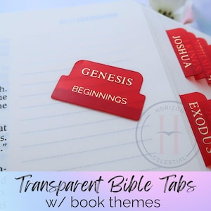 May include: Red Bible tabs with gold lettering, including "Genesis" and "Beginnings." The tabs are placed on the pages of an open book. The image also includes the text "Transparent Bible Tabs w/ book themes."