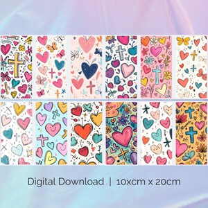 May include: Set of 8 digital printable patterns featuring hearts, crosses, and other doodle designs in pink, blue, yellow, and red. Each pattern is 10cm x 20cm. Digital Download.