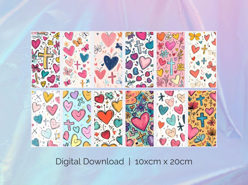 May include: Set of 8 digital printable patterns featuring hearts, crosses, and other doodle designs in pink, blue, yellow, and red. Each pattern is 10cm x 20cm. Digital Download.