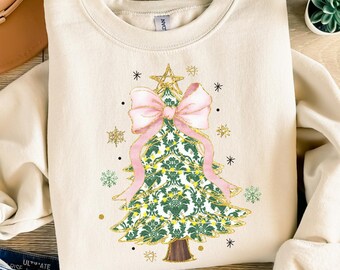 Christmas Sweatshirt for Women Christmas Tree Shirt Cute Christmas Tshirt Holiday tee with pink Coquette bow Shirt Coquette Christmas Shirt
