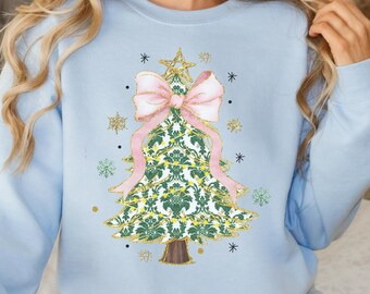 Christmas Sweatshirt for Women Christmas Tree Shirt Cute Christmas Tshirt Holiday tee with pink Coquette bow Shirt Coquette Christmas Shirt