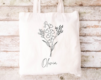 Geburt Monat Blume personalisierte Canvas Tote Bag benutzerdefinierter Name Geburtstagsgeschenk für Mama Brautjungfer Geschenk Bachelorette Party Trauzeugin Hochzeit