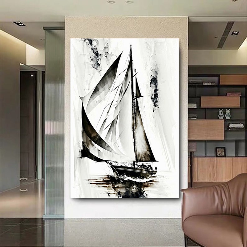 Ship Canvas Painting, Colorful Wall Decoration, Abstract Ship Art