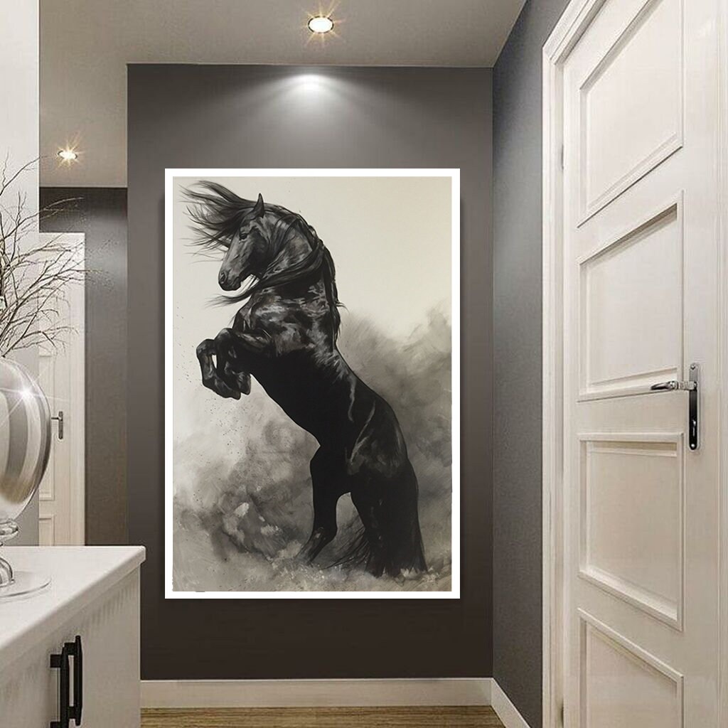Black Horse Canvas Wall Art, Prancing Horse Canvas Print Art, Noble Horse Canvas Wall Art