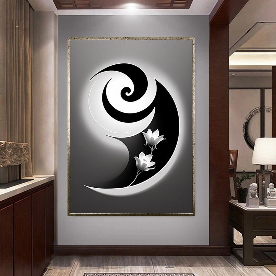 Framed Yin Yang Canvas, Black and White, Boho Wall Art, Ying Yang Art