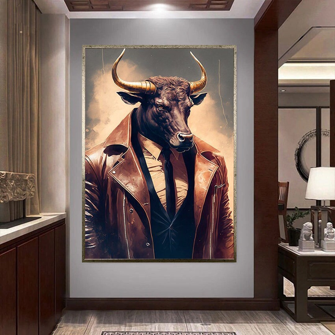 Black Bull Canvas Wall Art, Bull in Suit Canvas Wall Decor, Detective