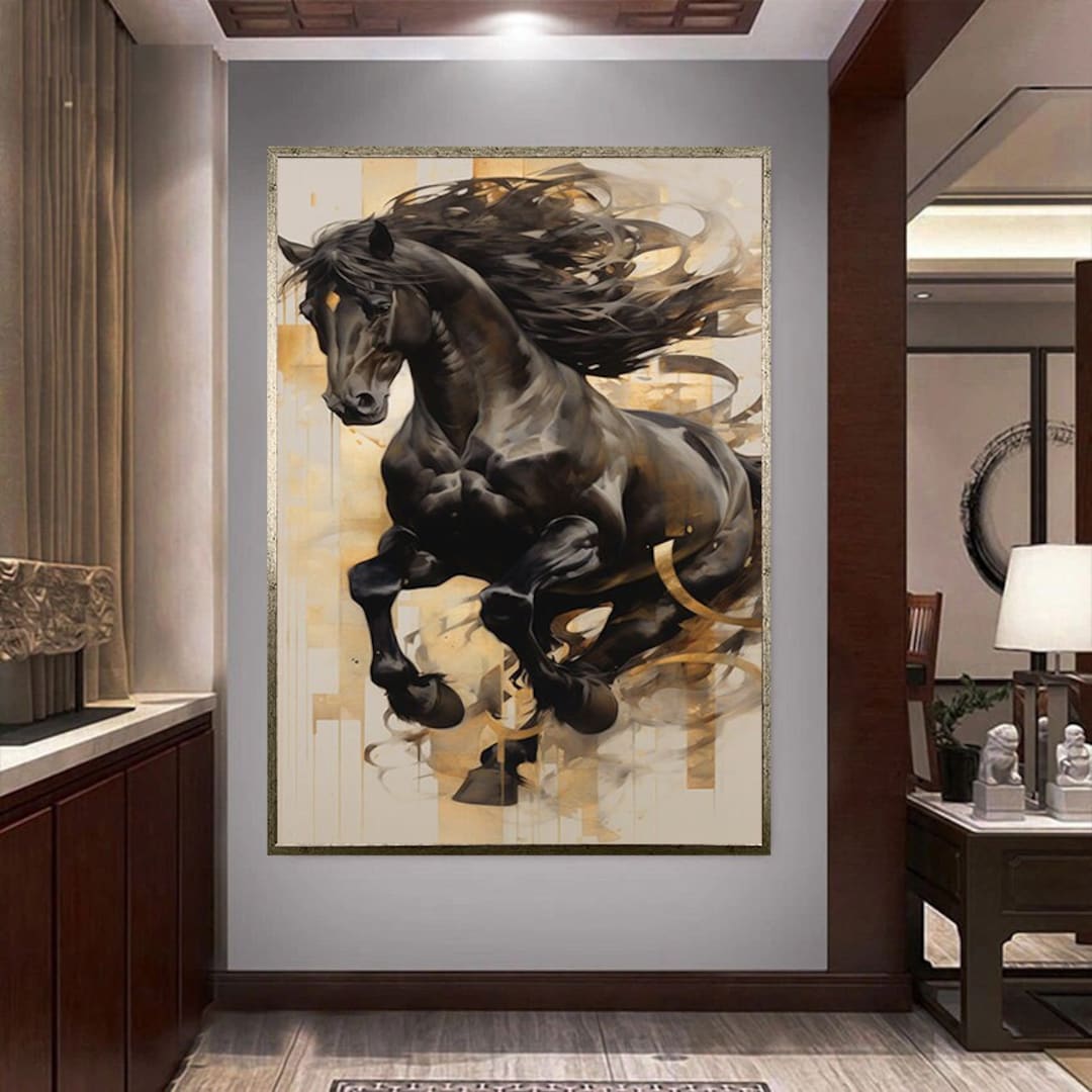 Black Horse Canvas Wall Art, Running Horse Canvas Print Art, Muscular