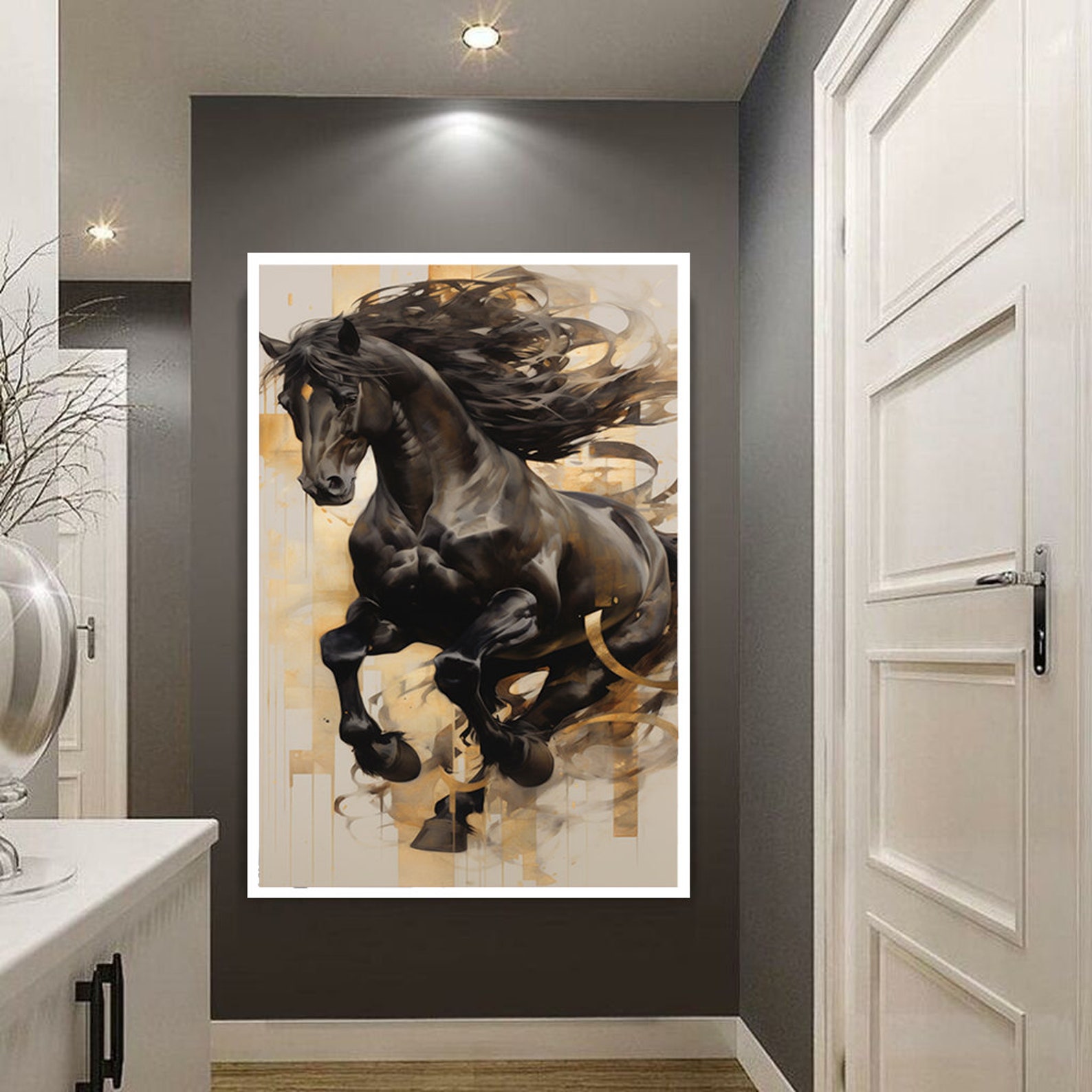 Black Horse Canvas Wall Art, Running Horse Canvas Print Art, Muscular Horse Ready to Hang Canvas