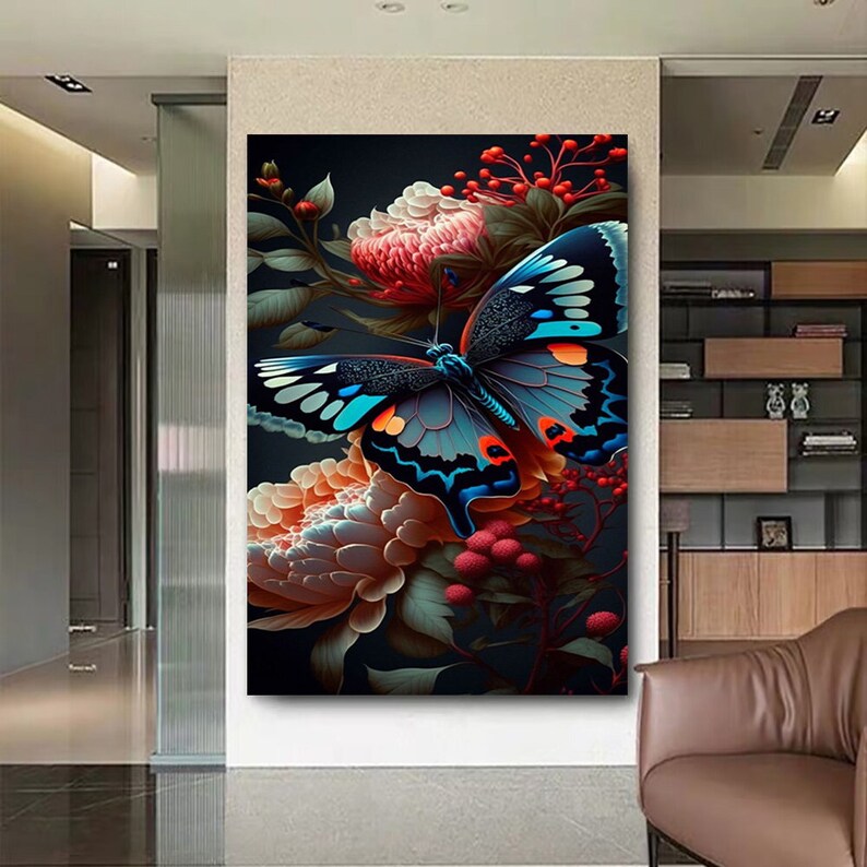 Blue Butterfly Canvas Wall Art, Spotted Butterfly Canvas Print Art