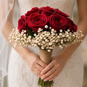 Puede incluir: Un ramo de novia con rosas rojas oscuras y delicadas flores blancas. Las flores están dispuestas en forma redonda y atadas con hilo. El ramo lo sostiene una persona que lleva un vestido de encaje blanco.