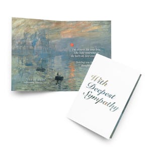 Può includere: Un set di biglietti di condoglianze con una riproduzione del dipinto "Impressione, levar del sole" di Claude Monet. La carta a sinistra ha il dipinto e il testo. La carta a destra recita "With Deepest Sympathy".