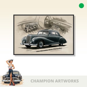 1943 年メルセデスベンツ 770 グローサー、詳細なエンジンと内装のスケッチ、クラシックな高級車のアート、ビンテージ自動車愛好家に最適です。