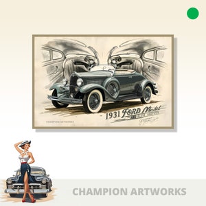 1931 年型フォード ロードスターのビンテージ インテリア スケッチ。アンティーク カー コレクターに最適なクラシック カーのイラスト。クリスマス ギフトに最適です。