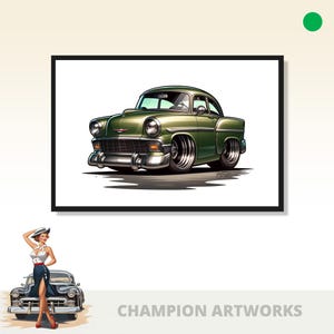 Green 1954 Chevy Bel Air with wide tires and chrome accents, cartoon style illustration. BELAIR