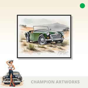 MG Midget cabriolet de 1952 dans un paysage désertique, roadster britannique vert classique avec calandre chromée, roues à rayons, montagnes en arrière-plan