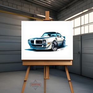 White 1970 Pontiac Trans Am, blue trim | Printable Art | Classic Muscle Car Wall Decor
