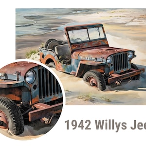 1942年製ウィリス ジープ、砂浜に放置、風化したボディ、オフロードのクラシック、砂丘に囲まれた、時代を超えた頑丈なアドベンチャー ビークル アートワーク
