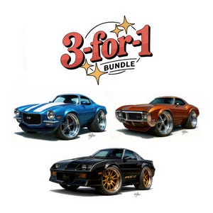 PACCHETTO CARTOON CARS All-American • Download digitale da 3 pacchetti • Camaro del 1971, Iroc-Z del 1986 e Buick Riviera del 1969