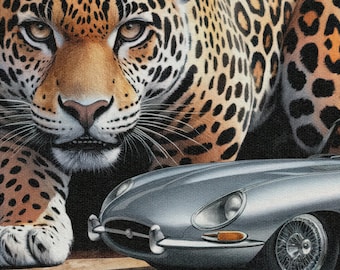 1963 Jaguar E-Type Art Print: Classic Car & Wild Cat (Digital Download)