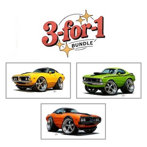 All-American CARTOON CARS BUNDLE • 3‑Pack Digital Download • Mopar Muscle Car Prints, 1971 Superbee, 1971 Demon 340, 1974 Dodge Charger Art