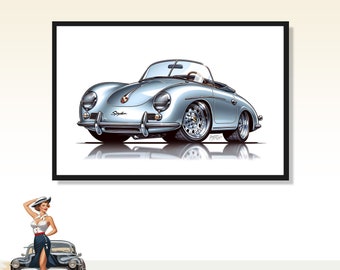 1955 Porsche 550 Spyder Cartoon Print: Sleek Motorsport Wall Art (Digital Download)