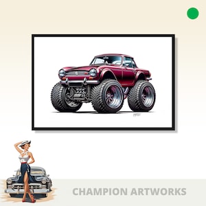 1967 MG Triumph モンスター トラック。特大のタイヤ、高めのボディ、白い背景に大胆なデザインが施されており、ユニークなカー アート デコレーションに最適です。