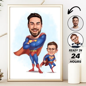 Personalisierte Super Dad und Sohn Cartoon Portrait, benutzerdefinierte Super Dad und Sohn Karikatur Zeichnung vom Foto, lustige Dad Karikatur, Geschenk für Dad