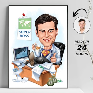 Personalisierte Super Boss Cartoon Portrait, benutzerdefinierte Super Boss Karikatur Zeichnung vom Foto, lustige Super Boss Karikatur, Geschenk für Chef