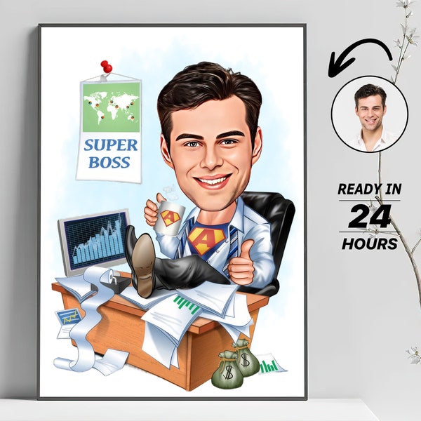 Personalisierte Super Boss Cartoon Portrait, benutzerdefinierte Super Boss Karikatur Zeichnung vom Foto, lustige Super Boss Karikatur, Geschenk für Chef