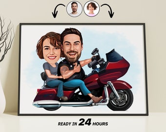 Personalized Motorcyclist Couple Cartoon Portrait, Custom Caricature Drawing Gift