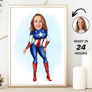 Personalisierte Superhelden-Frauen-Karikatur-Porträt, benutzerdefinierte Frauen-Porträt, Frauen-Geschenk, Super-Frauen-Karikatur, Superhelden-Karikatur-Zeichnung