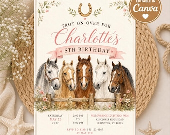 Horse Birthday Invitation Watercolor Pony Party Invite Girls Equestrian 5th Birthday Editable Template Pink Floral Horse Theme