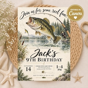 Fishing Birthday Invitation, Reel Fun Birthday Invite, Bass Fishing Party, Little Fisherman Invite, O-fish-ally 9th Birthday Template