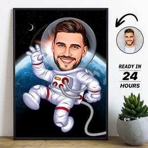 Retrato personalizado de dibujos animados de astronauta, dibujo personalizado de caricatura de astronauta a partir de una foto, caricatura divertida de astronauta, regalo para papá