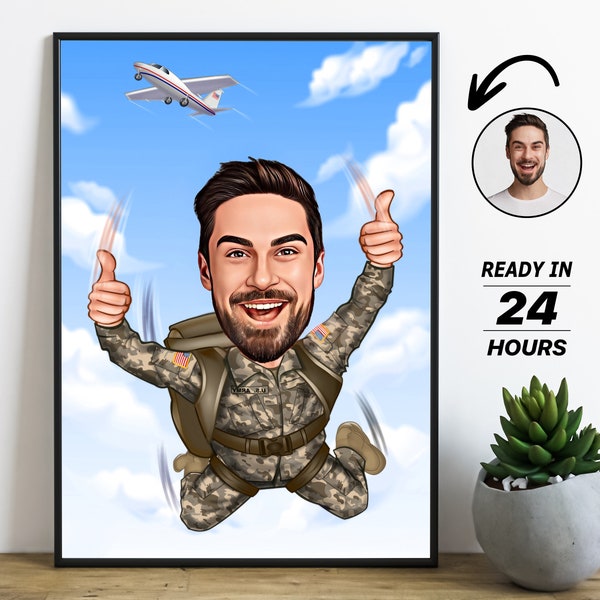 Portrait personnalisé de dessin animé de parachutiste, dessin de caricature de parachutiste personnalisé à partir d’une photo, caricature drôle de parachutiste, cadeau pour parachutiste