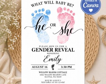 Gender Reveal Invitation Template, He or She Invite, Watercolor Baby Footprints, Printable Baby Shower Invite, Editable Gender Reveal Party
