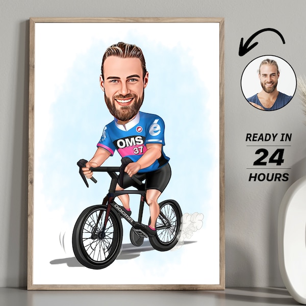 Portrait personnalisé de dessin animé de cycliste, cadeau de motard, dessin personnalisé de caricature de cycliste à partir d'une photo, caricature de cycliste drôle, cadeau pour cycliste