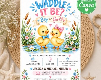 Waddle It Be Gender Reveal Invitation, Editable Duck Theme Gender Reveal Party Invite, Watercolor Ducklings Boy or Girl, Digital Download