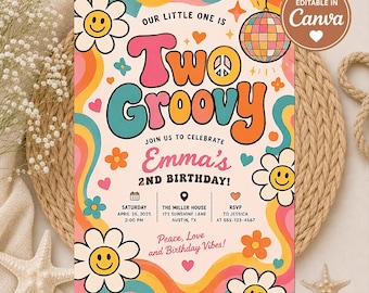 Two Groovy Birthday Invitation Girl, Retro 2nd Birthday Invite Template, Daisy Disco Ball Theme, 70s Hippie Party, Editable Canva Template