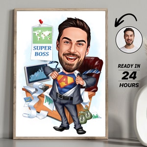 Personalized Super Boss Cartoon Portrait, Custom Super Boss Caricature Drawing from Photo, Funny Super Boss Caricature, Gift for Boss