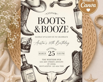 Boots & Booze Birthday Invitation, Western Birthday Invite, Cowboy 30th Birthday Party, Whiskey Bar Invitation, Editable Template