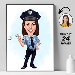 Personalized Female Police Cartoon Portrait, Custom Woman Police Caricature Drawing from Photo, Funny Police Caricature, Gift for Police