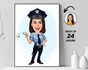 Retrato de caricatura de una policía femenina personalizado, regalo de dibujo de caricatura personalizado