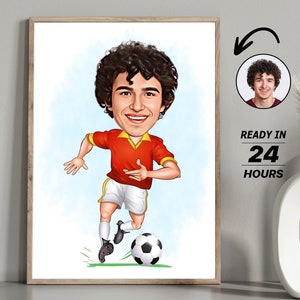 Retrato personalizado de dibujos animados de jugador de fútbol, dibujo de caricatura de jugador de fútbol personalizado de la foto, regalo de caricatura de jugador de fútbol divertido para él