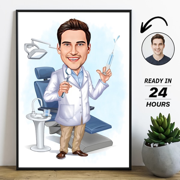 Personalisierte Zahnarzt-Karikatur-Porträt, benutzerdefinierte Zahnarzt-Karikatur-Zeichnung vom Foto, lustige männliche Zahnarzt-Karikatur, Geschenk für Dentist